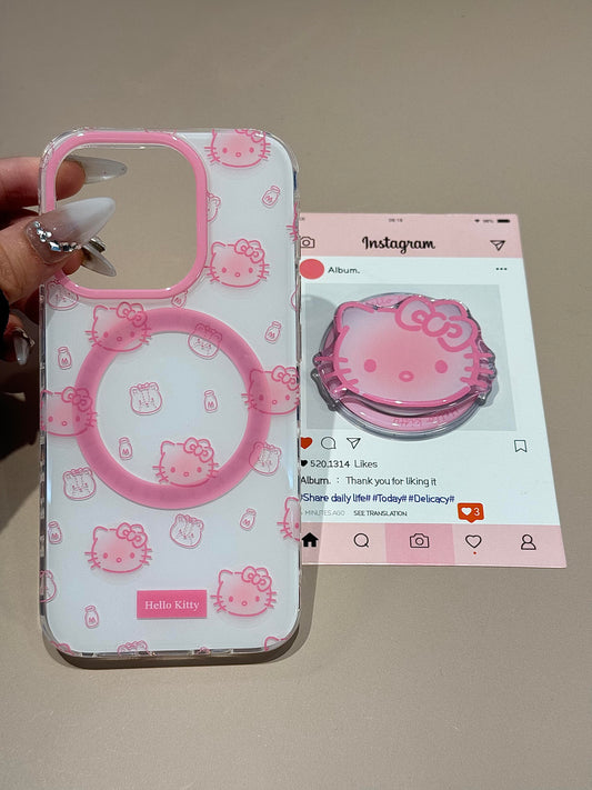 Hellokitty White Cute Kawaii MagSafe Case + MagSafe Stand Holder / Phone Grip #0481