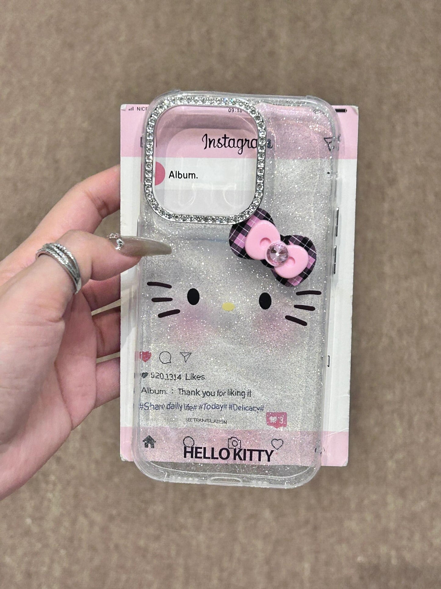 Hellokitty Silver Glitter 3D Bow Rhinestone Lens Frame Cute Kawaii Phone Case #0075