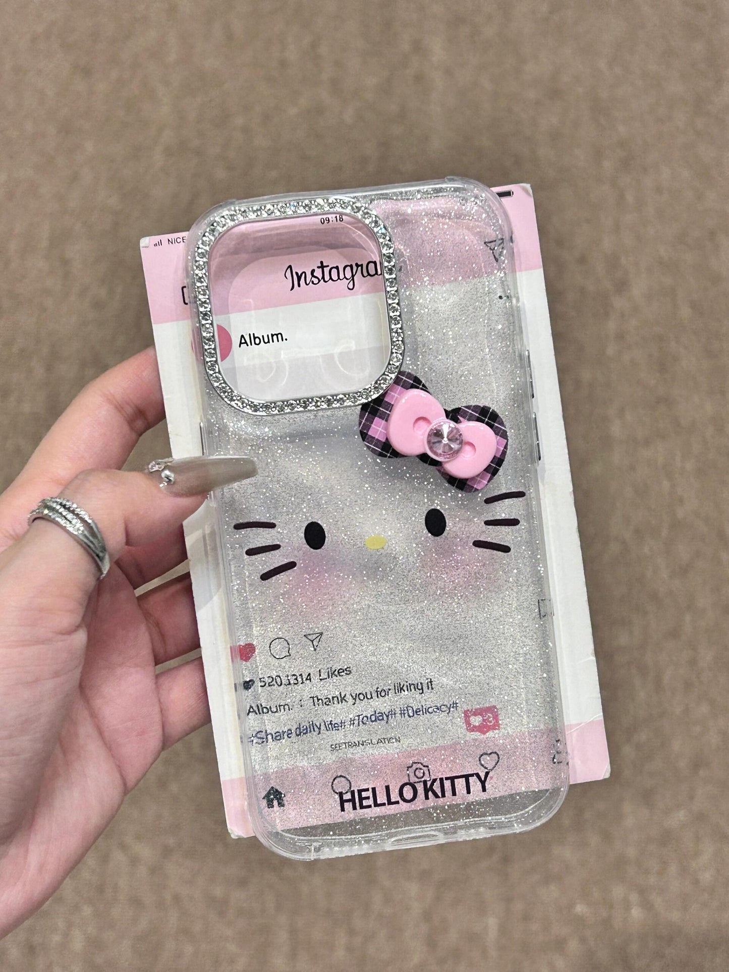 Hellokitty Silver Glitter 3D Bow Rhinestone Lens Frame Cute Kawaii Phone Case #0075