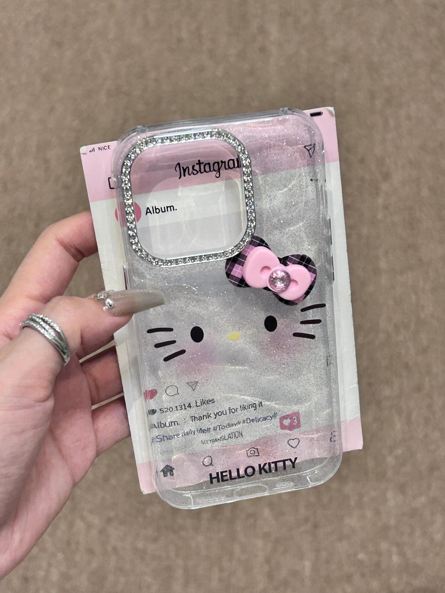 Hellokitty Silver Glitter 3D Bow Rhinestone Lens Frame Cute Kawaii Phone Case #0075