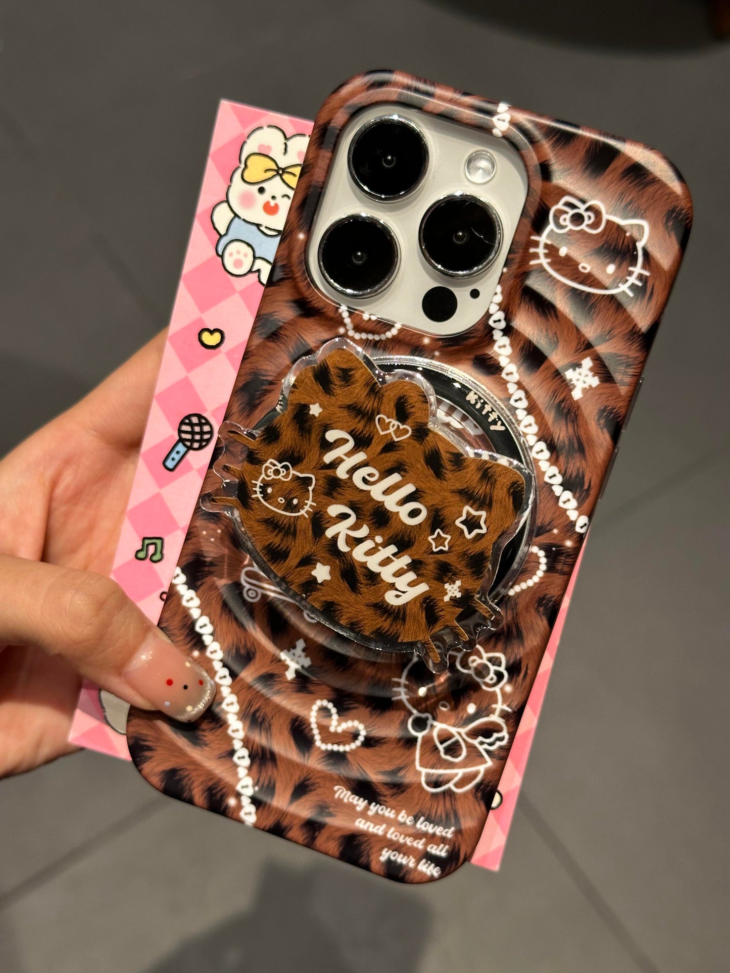 Hellokitty Brown Leopard MagSafe Case + MagSafe Stand Holder / Phone Grip #0263