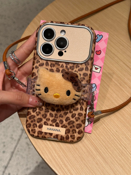 Hellokitty Brown Leopard Cute Kawaii Phone Case With Hellokitty Plush Strap Phone Chain #0260