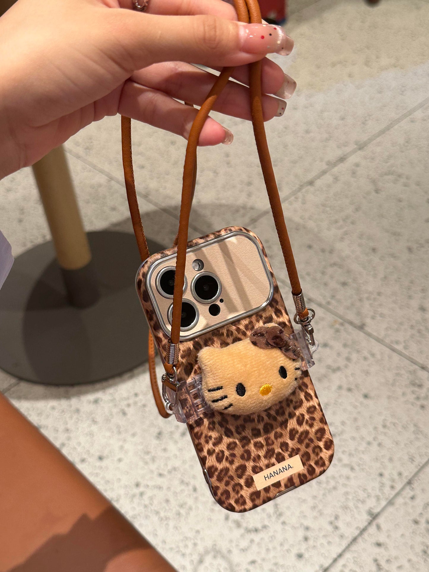 Hellokitty Brown Leopard Cute Kawaii Phone Case With Hellokitty Plush Strap Phone Chain #0260