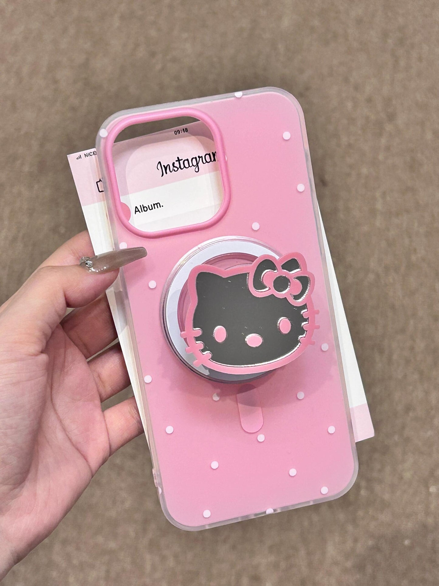 Hellokitty White Polka Dot Pink  MagSafe Case Mirrored Hellokitty Shape MagSafe Stand Holder / Phone Grip #0086