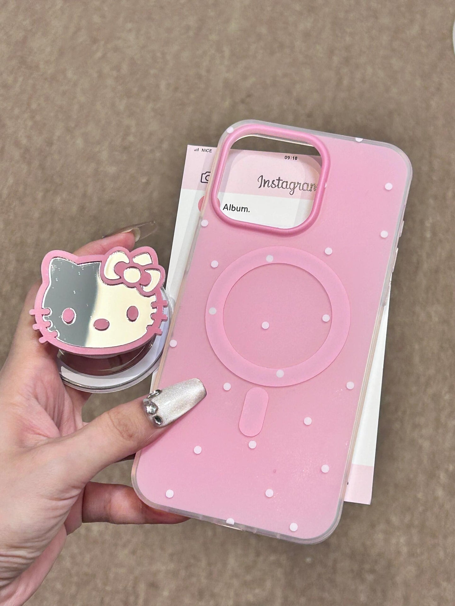 Hellokitty White Polka Dot Pink  MagSafe Case Mirrored Hellokitty Shape MagSafe Stand Holder / Phone Grip #0086