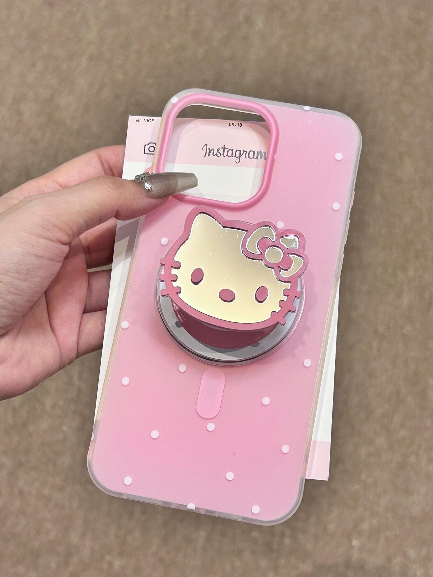 Hellokitty White Polka Dot Pink  MagSafe Case Mirrored Hellokitty Shape MagSafe Stand Holder / Phone Grip #0086