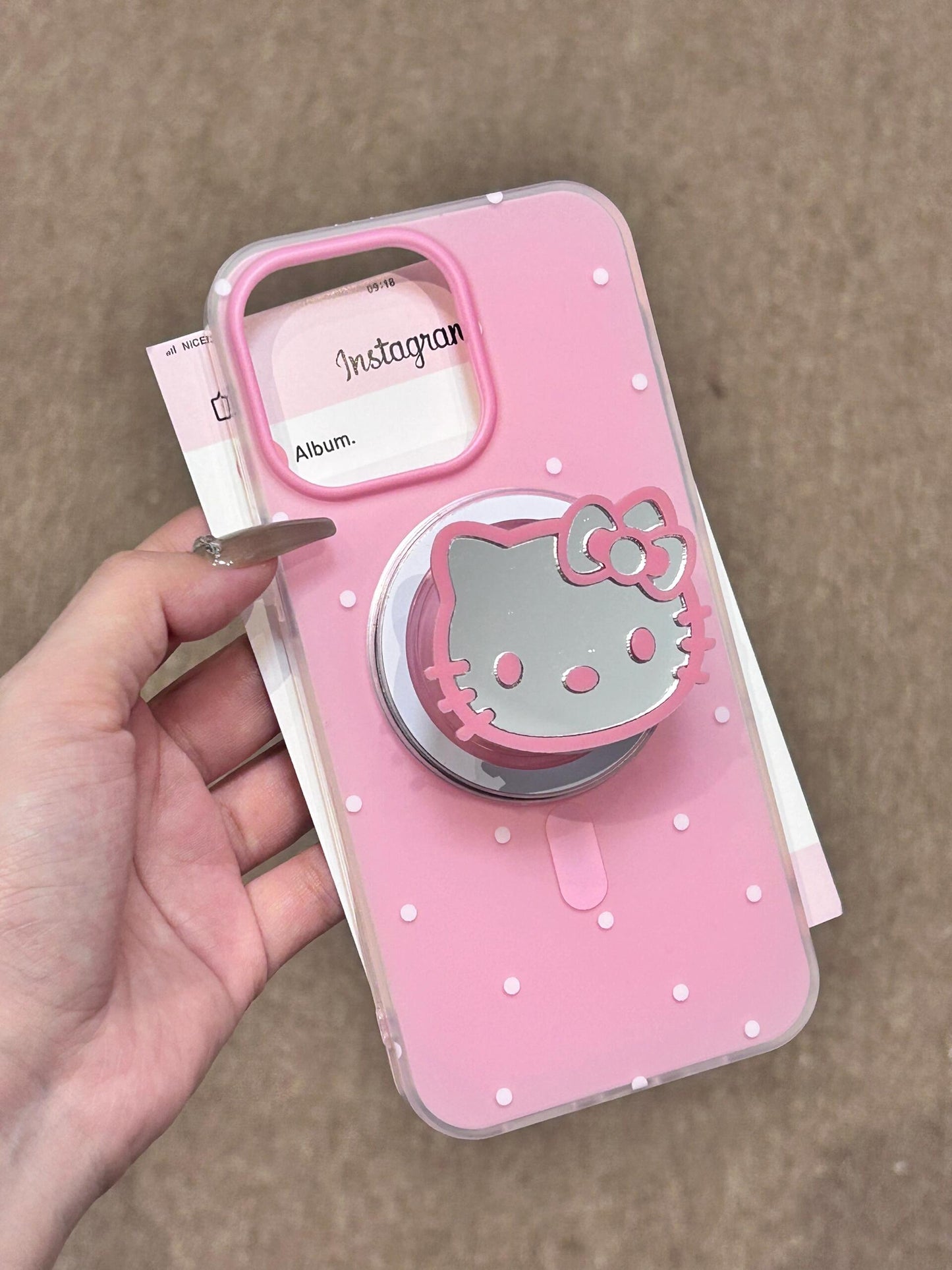 Hellokitty White Polka Dot Pink  MagSafe Case Mirrored Hellokitty Shape MagSafe Stand Holder / Phone Grip #0086