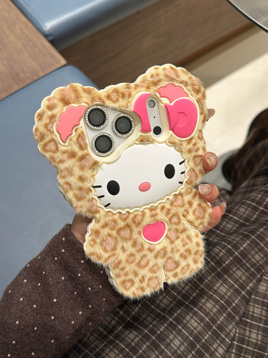 Hellokitty Leopard Print Fur Textured Silicone Cute Kawaii Phone Case #0575