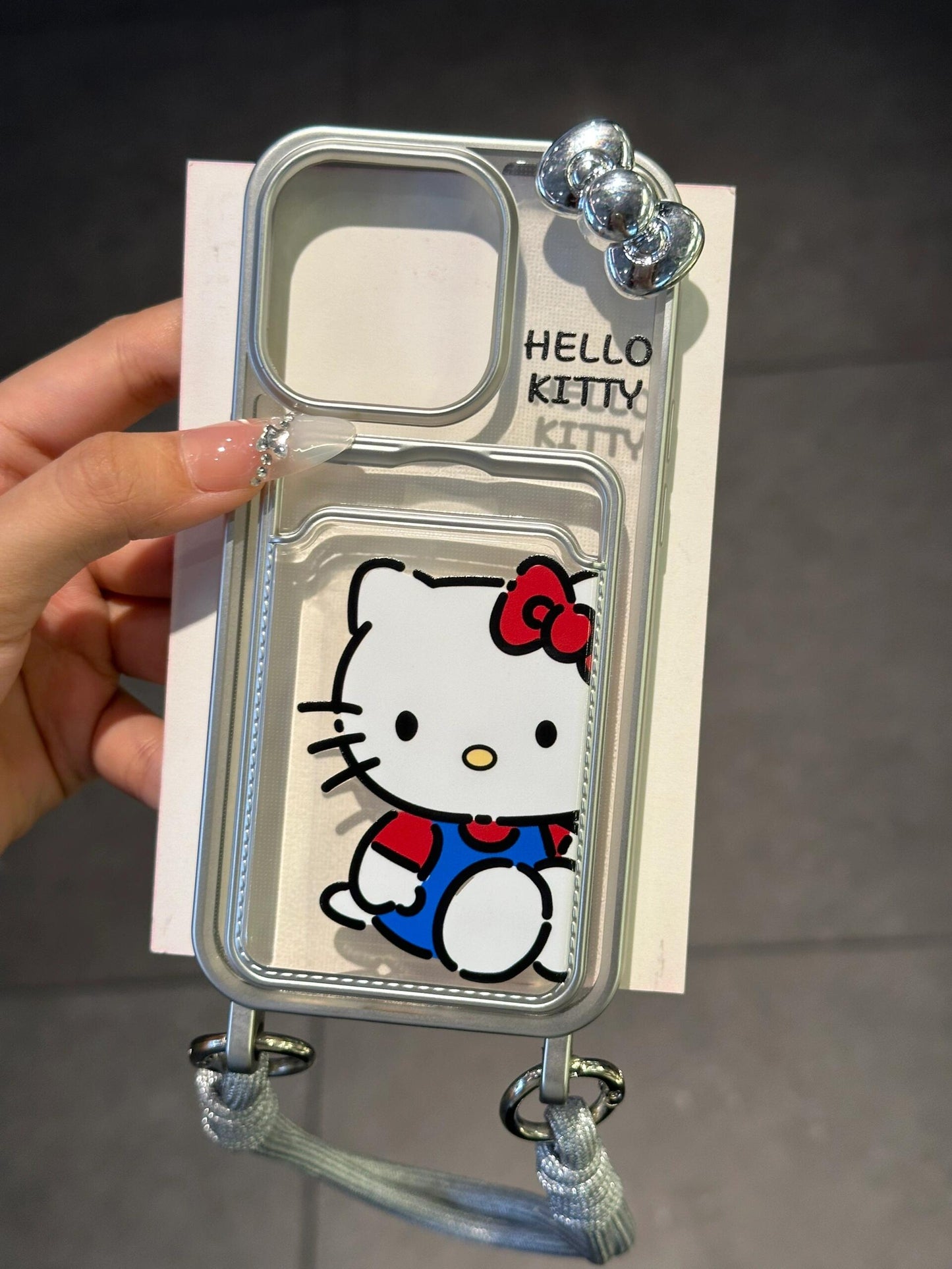 Hellokitty Silver Border 3D Silver Bow Phone Case With Strap and Card Slot #0090