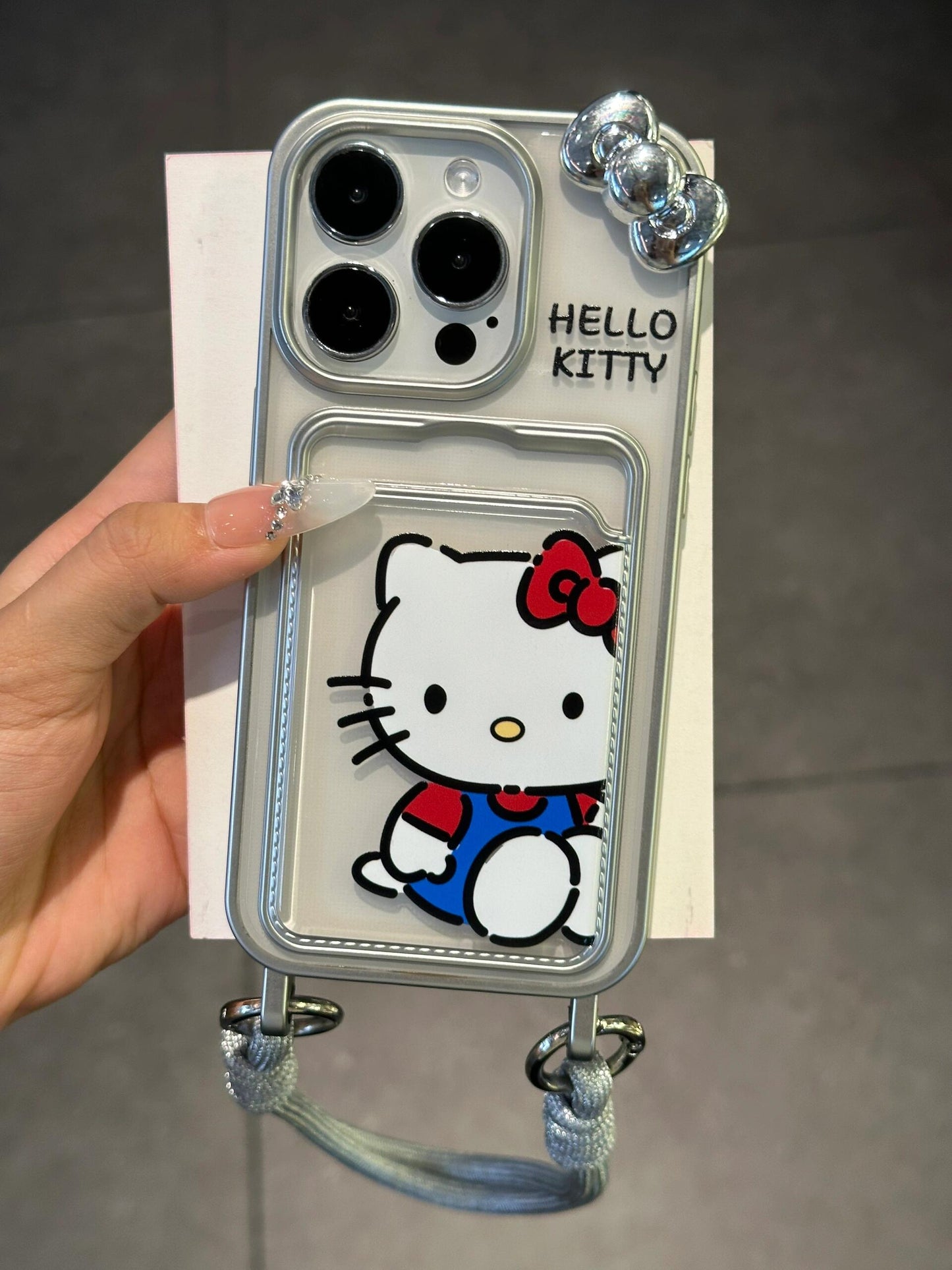 Hellokitty Silver Border 3D Silver Bow Phone Case With Strap and Card Slot #0090