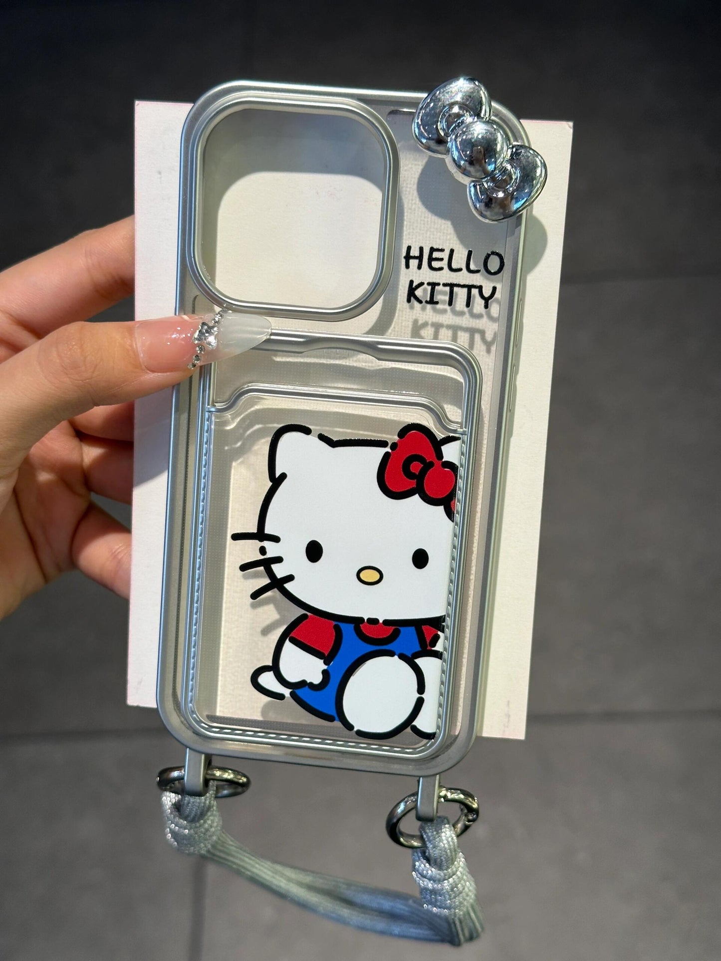 Hellokitty Silver Border 3D Silver Bow Phone Case With Strap and Card Slot #0090