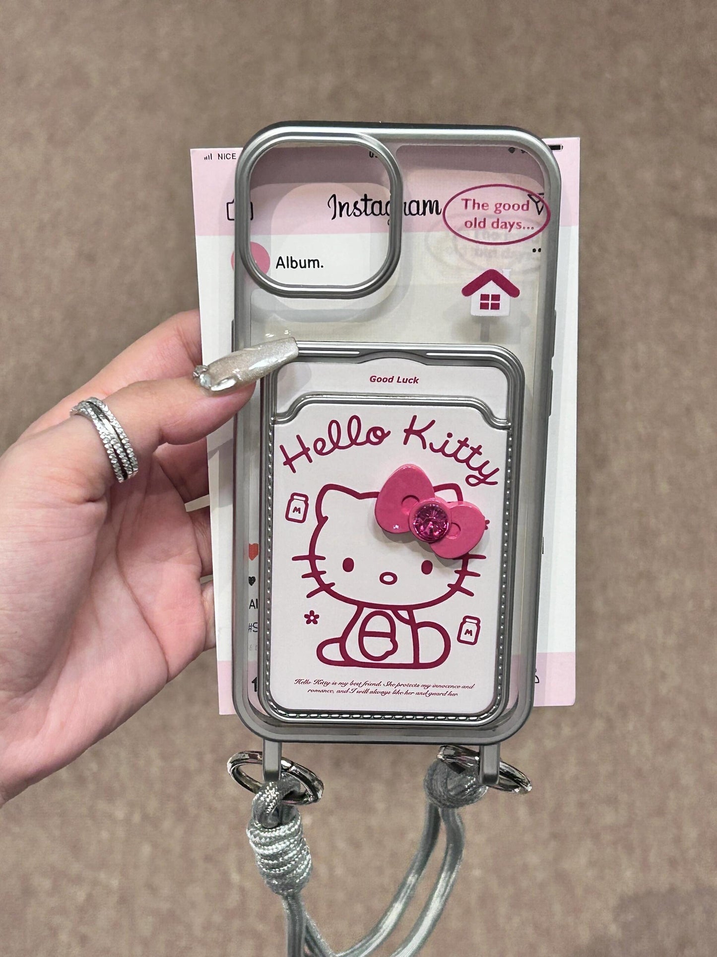 Hellokitty Silver Border 3D Pink Bow Phone Case With Strap and Card Slot #0093