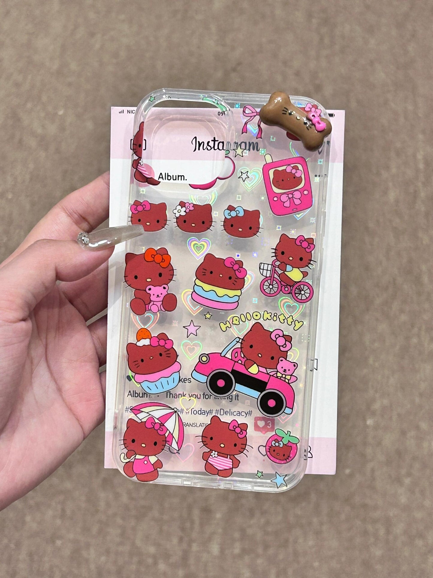 Tan Hellokitty 3D Black Bow Clear Holographic Subtle Heart Cute Kawaii Phone Case #0096