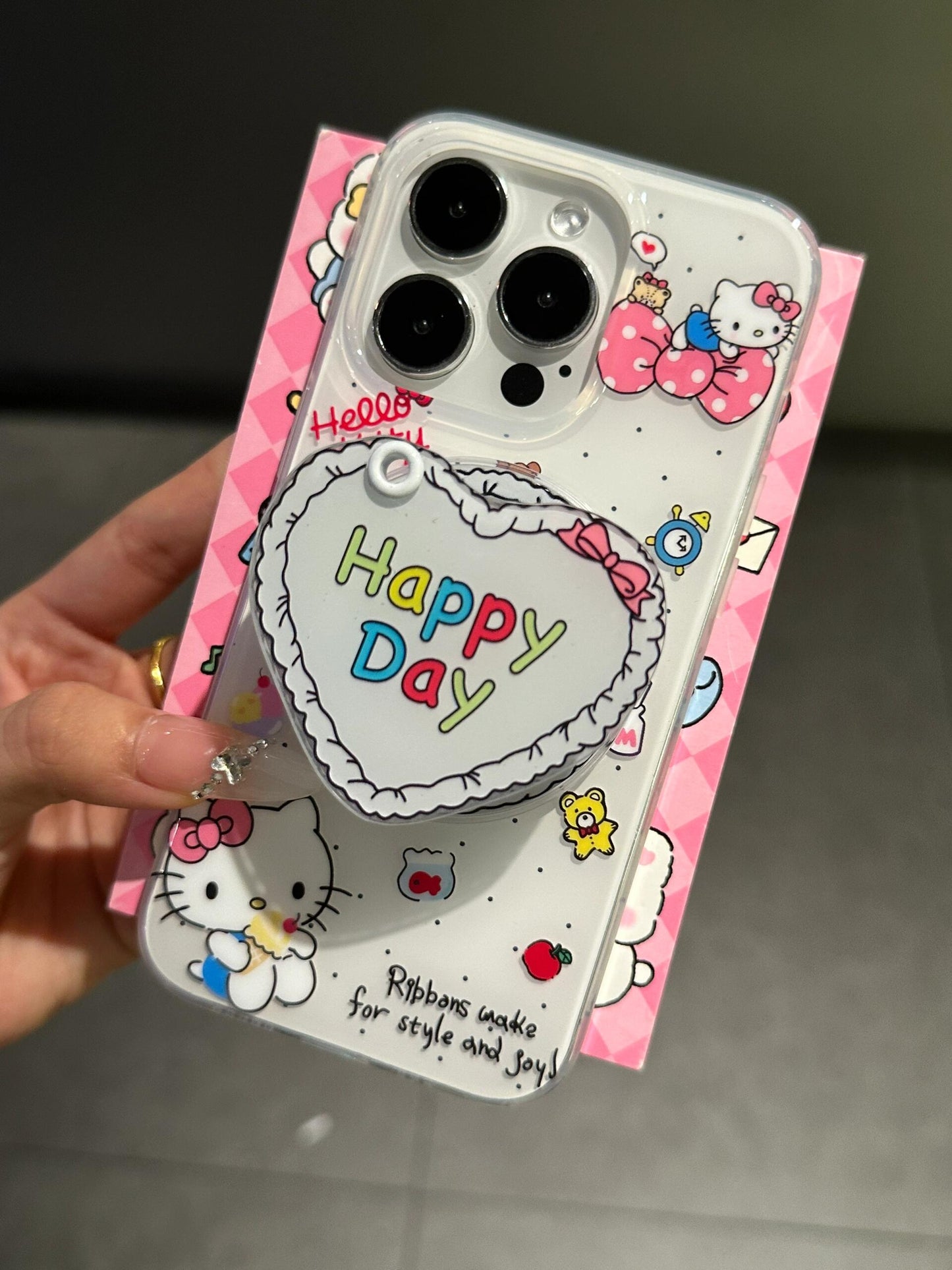 Hellokitty Happy Day White Cute Kawaii Phone Case + Heart Shaped Mirror Stand Holder / Phone Grip #0107