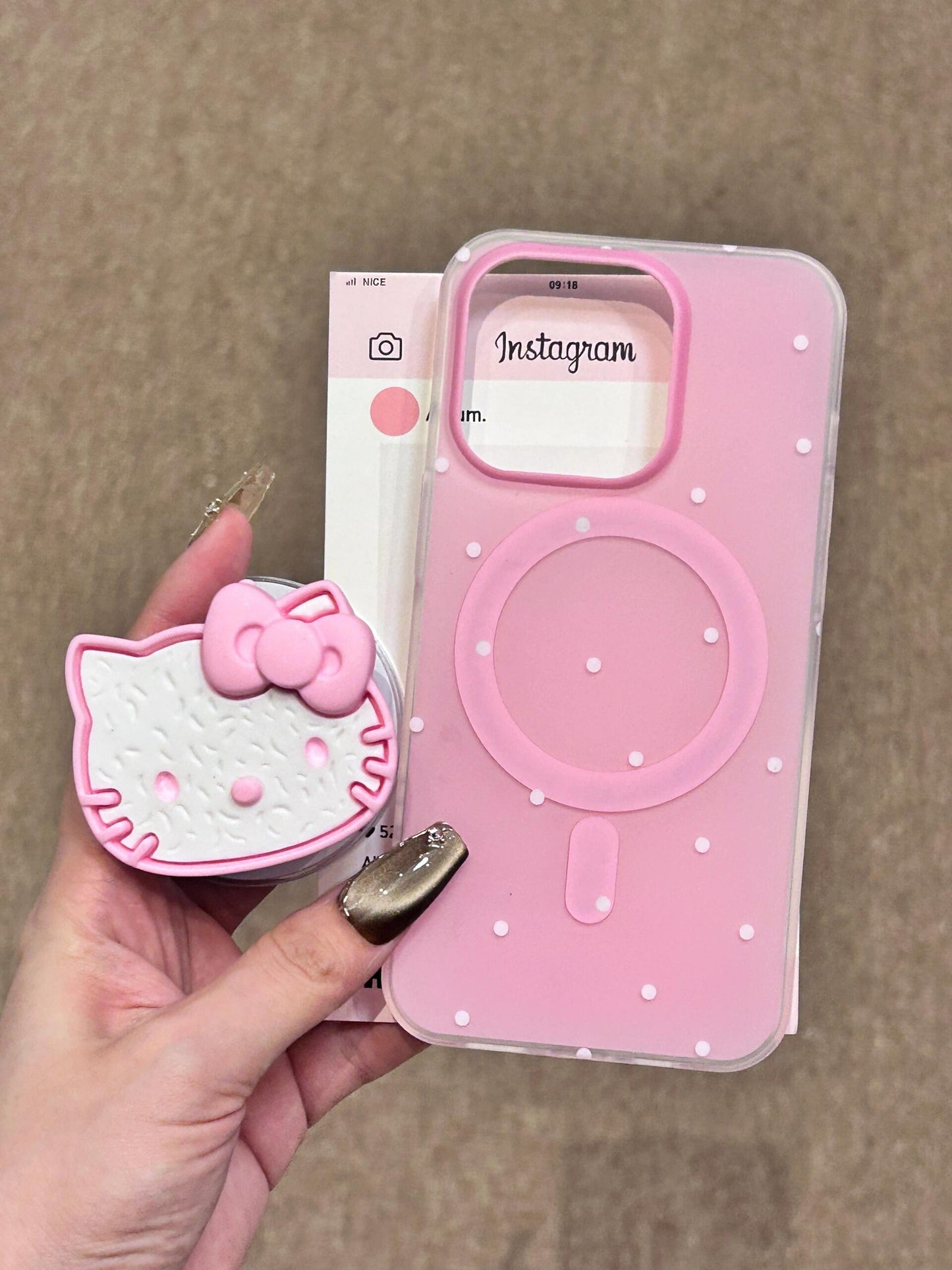 Hellokitty White Polka Dot Pink MagSafe Case Cookie Hellokitty Shape MagSafe Stand Holder / Phone Grip #0118