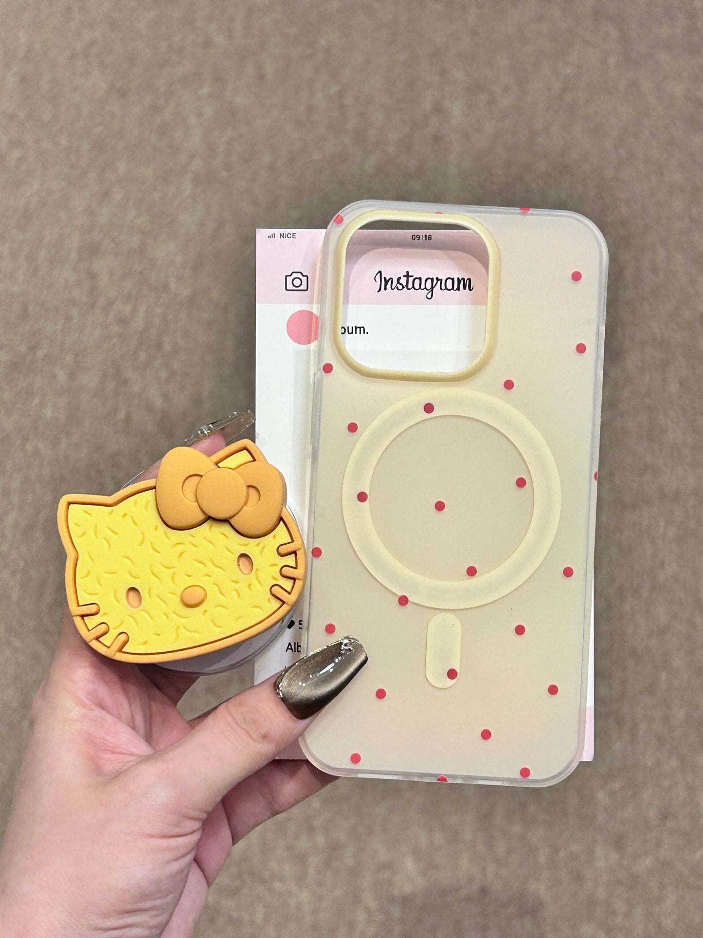 Hellokitty White Polka Dot Pink MagSafe Case Cookie Hellokitty Shape MagSafe Stand Holder / Phone Grip #0118