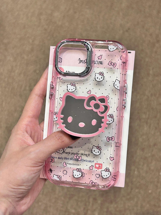 Hellokitty Pink Pink Border Clear Phone Case With Mirror Hellokitty Shape Stand Holder / Phone Grip #0119