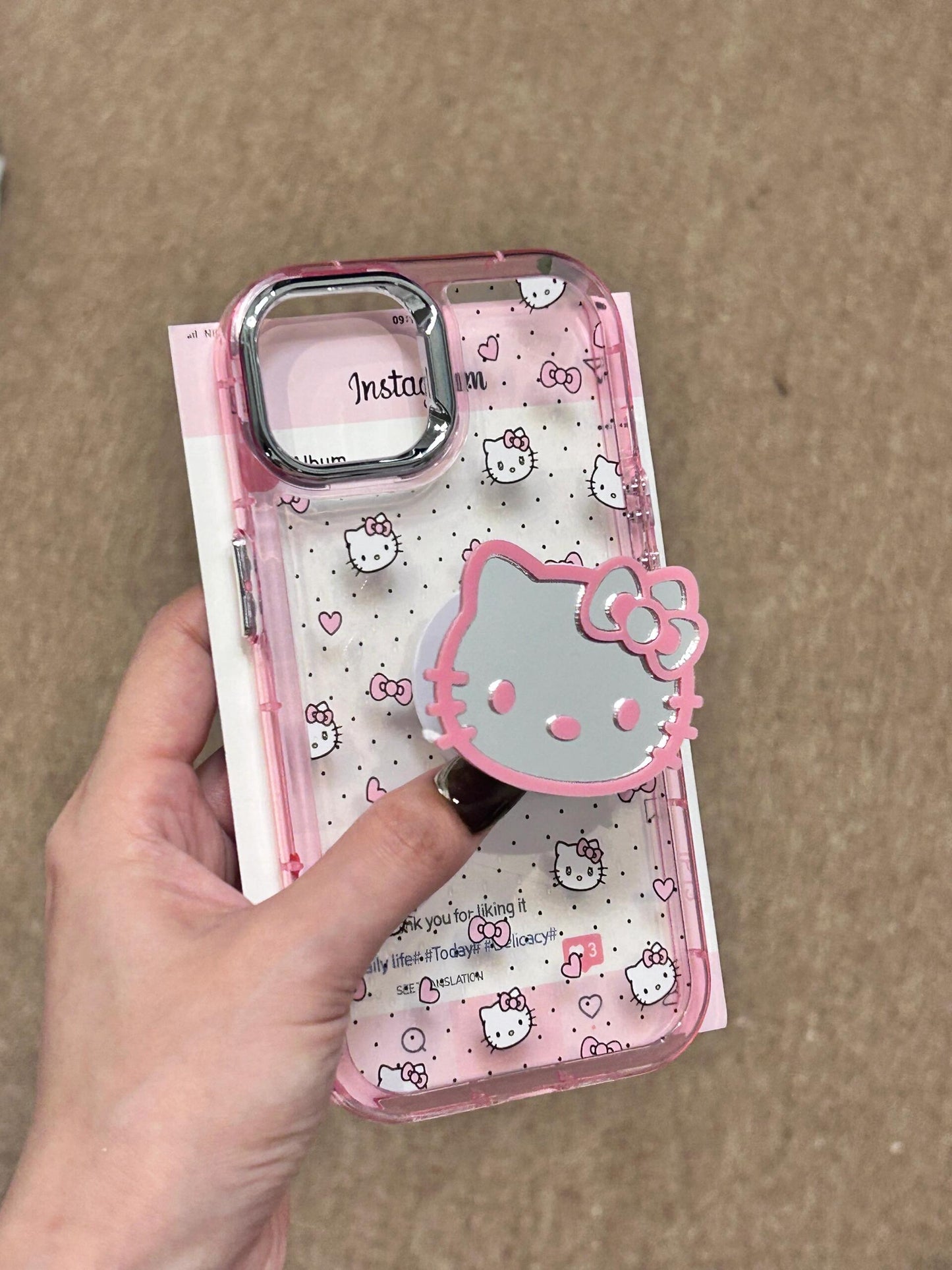 Hellokitty Pink Pink Border Clear Phone Case With Mirror Hellokitty Shape Stand Holder / Phone Grip #0119