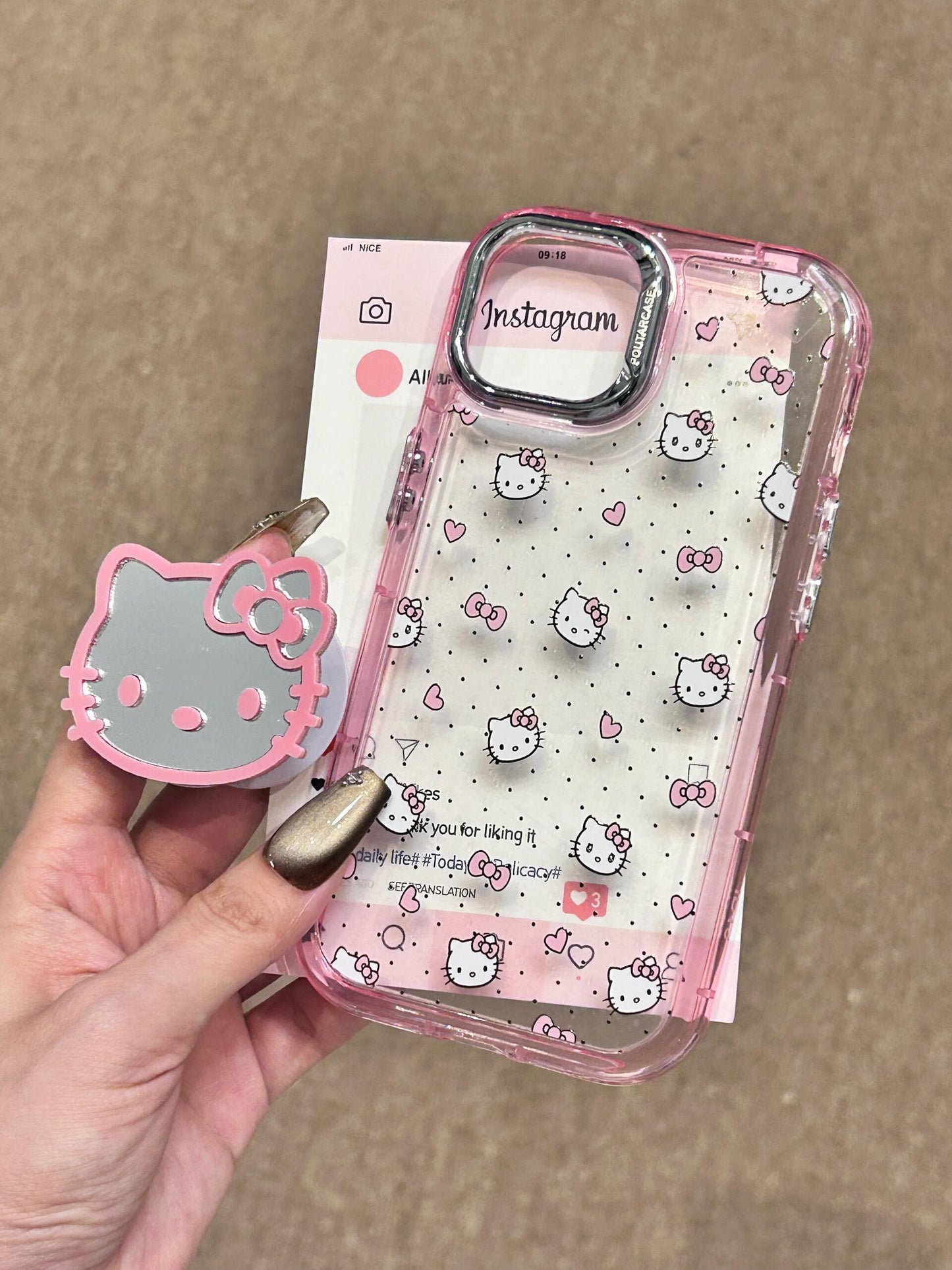 Hellokitty Pink Pink Border Clear Phone Case With Mirror Hellokitty Shape Stand Holder / Phone Grip #0119