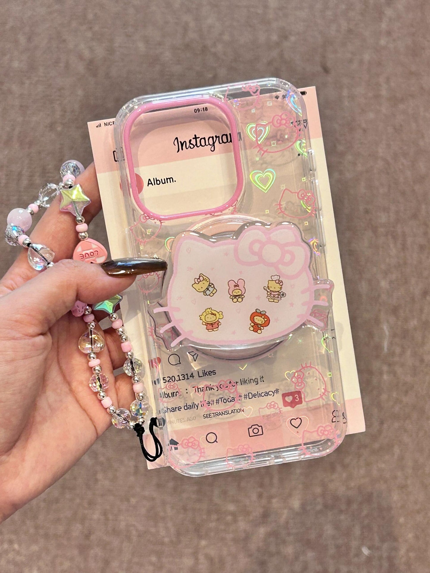 Hellokitty Clear Holographic Subtle Heart Cute Kawaii MagSafe Case Hellokitty Shape MagSafe Stand Holder / Phone Grip #0111