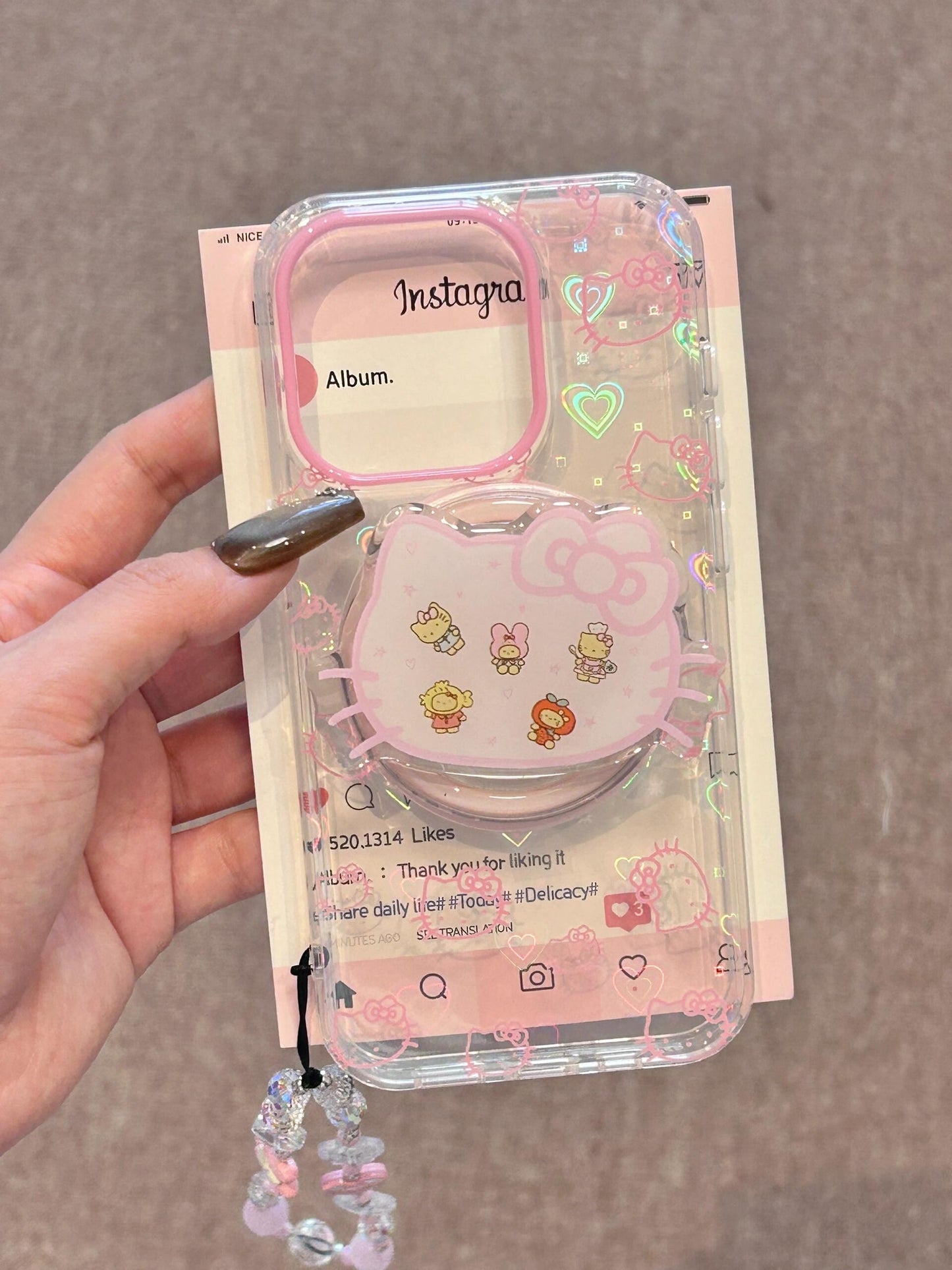 Hellokitty Clear Holographic Subtle Heart Cute Kawaii MagSafe Case Hellokitty Shape MagSafe Stand Holder / Phone Grip #0111