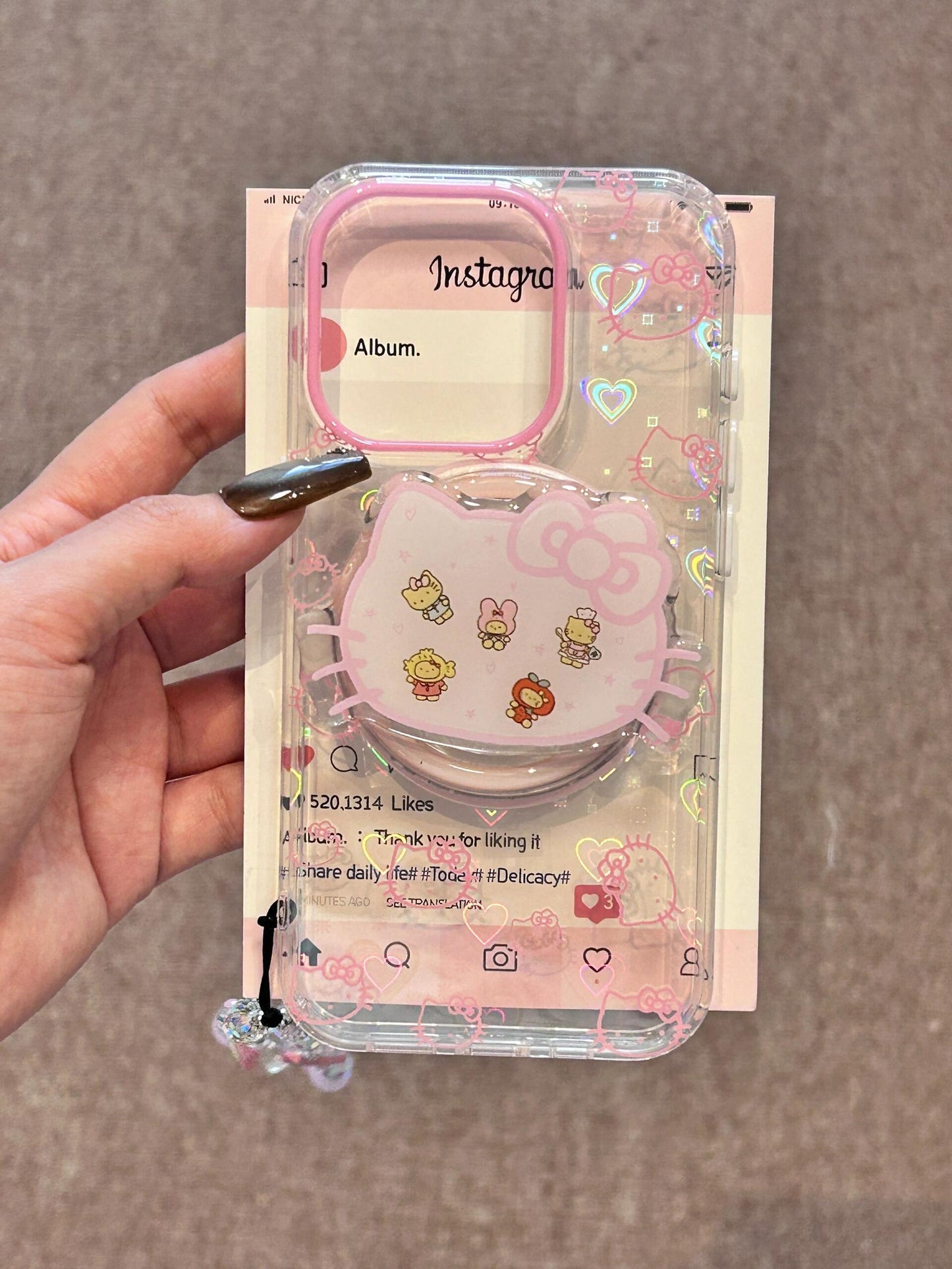 Hellokitty Clear Holographic Subtle Heart Cute Kawaii MagSafe Case Hellokitty Shape MagSafe Stand Holder / Phone Grip #0111