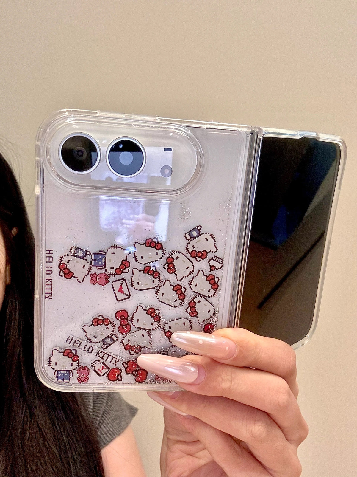 Hellokitty Bling Glitter Liquid Quicksand Clear iPhone Duo Case #0713