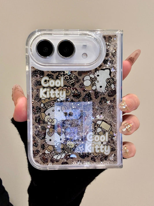 Hellokitty Leopard Print Bling Glitter Liquid Quicksand iPhone Duo Case #0715