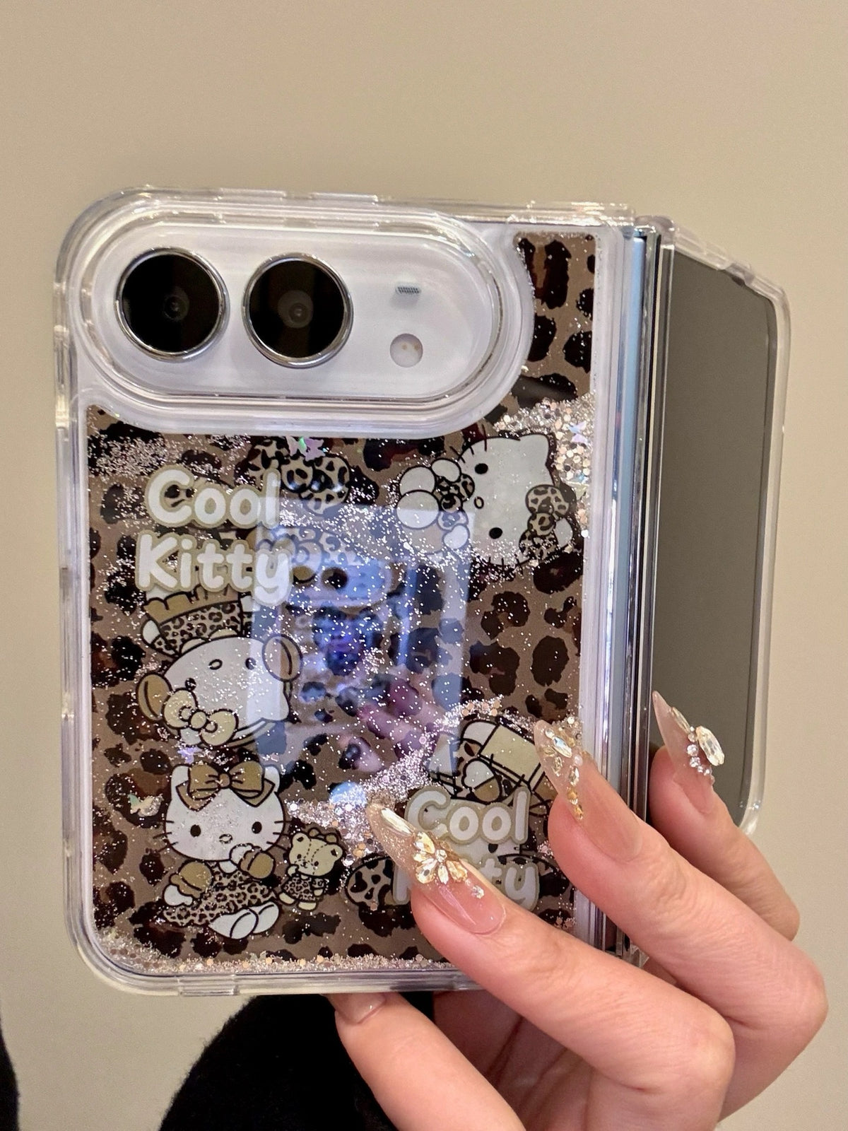 Hellokitty Leopard Print Bling Glitter Liquid Quicksand iPhone Duo Case #0715