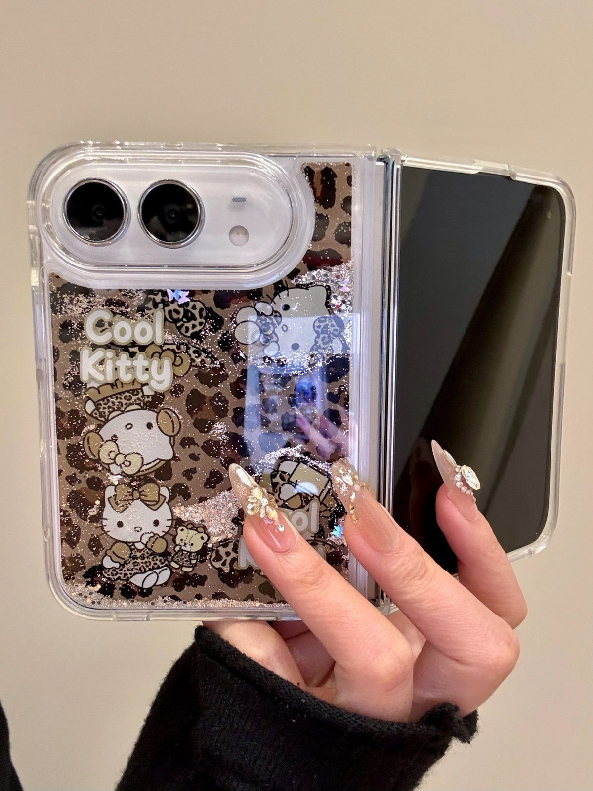 Hellokitty Leopard Print Bling Glitter Liquid Quicksand iPhone Duo Case #0715