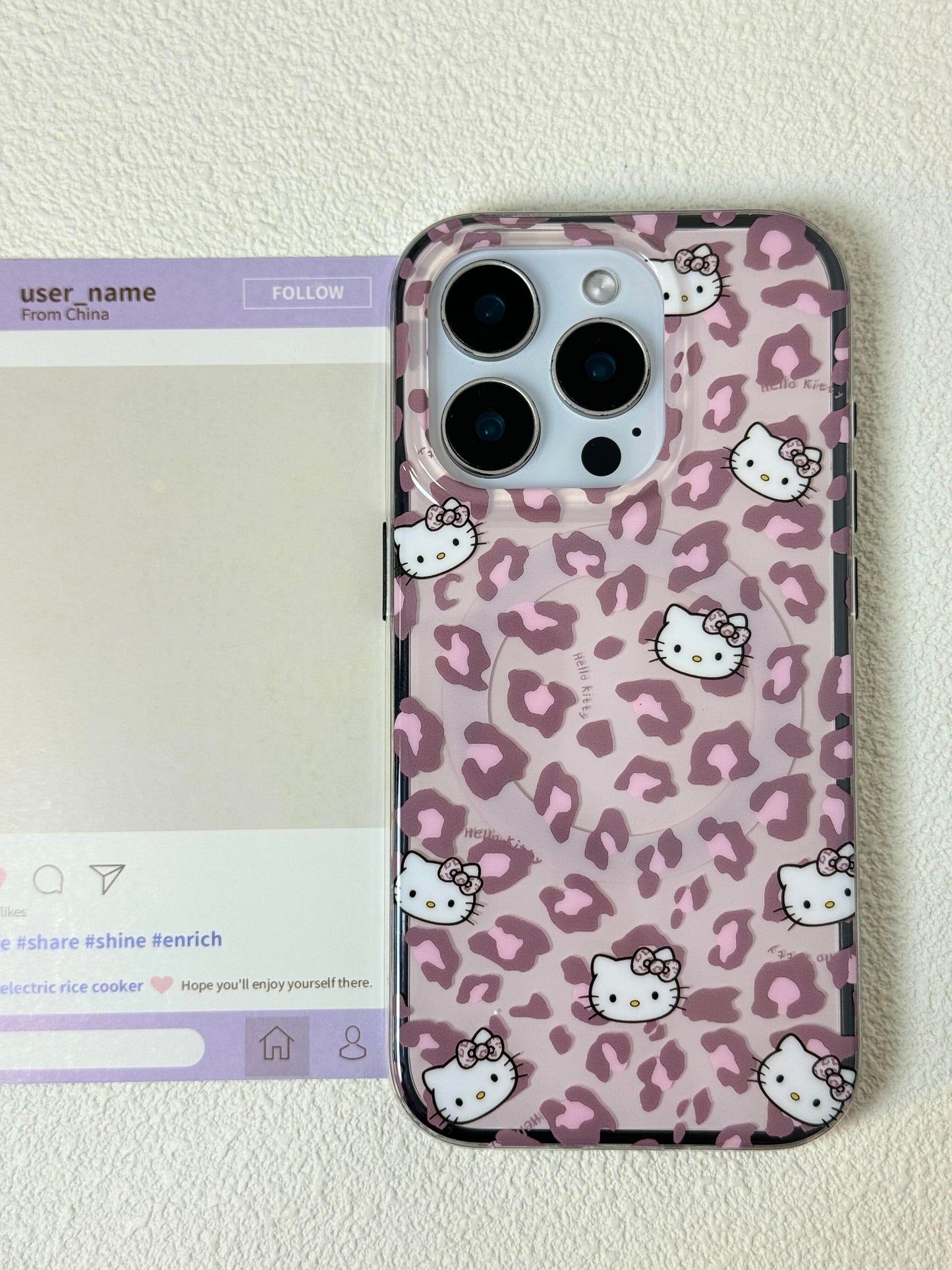 Hellokitty Pink Leopard Print Cute Kawaii MagSafe Case + MagSafe Stand Holder / Phone Grip #0558