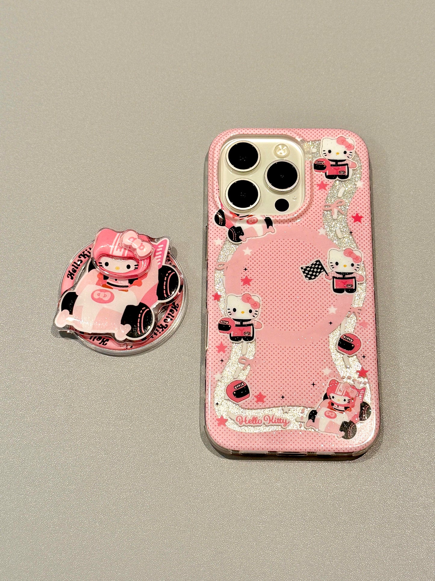 Hellokitty Pink Racing Glitter Cute Kawaii MagSafe Case + MagSafe Stand Holder / Phone Grip #0539