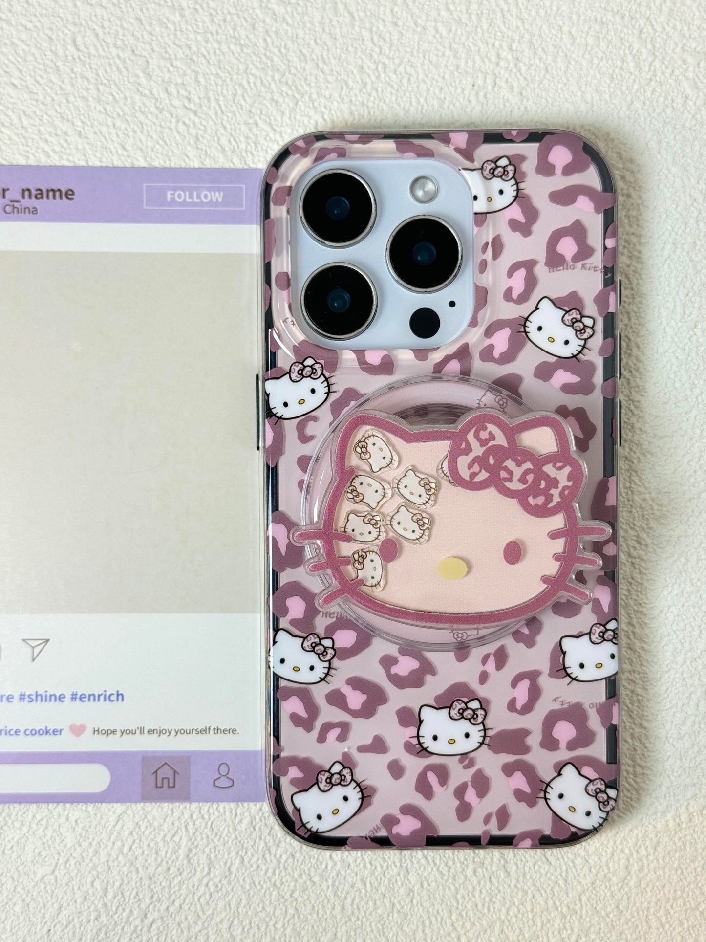 Hellokitty Pink Leopard Print Cute Kawaii MagSafe Case + MagSafe Stand Holder / Phone Grip #0558