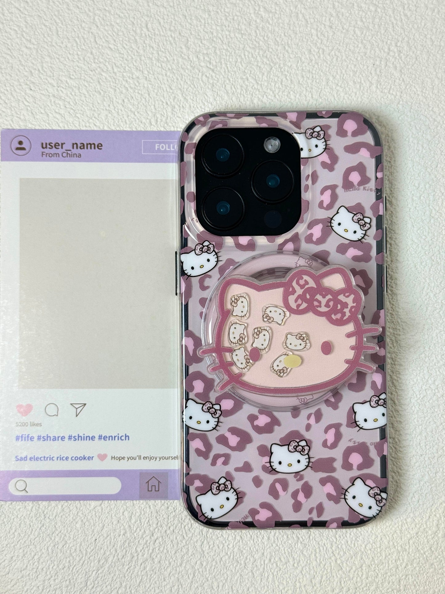 Hellokitty Pink Leopard Print Cute Kawaii MagSafe Case + MagSafe Stand Holder / Phone Grip #0558