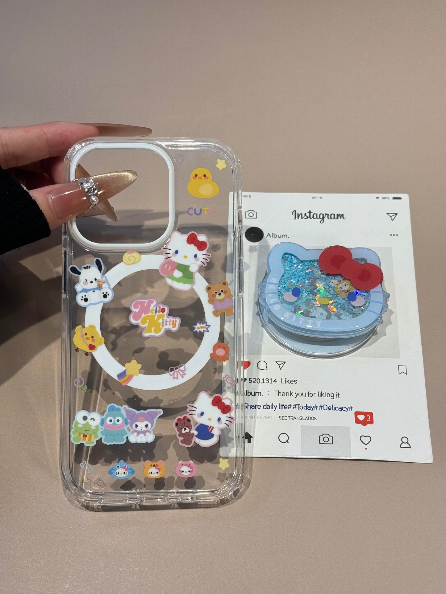 Hellokitty Print Clear Cute Kawaii MagSafe Case + MagSafe Stand Holder / Phone Grip #0572