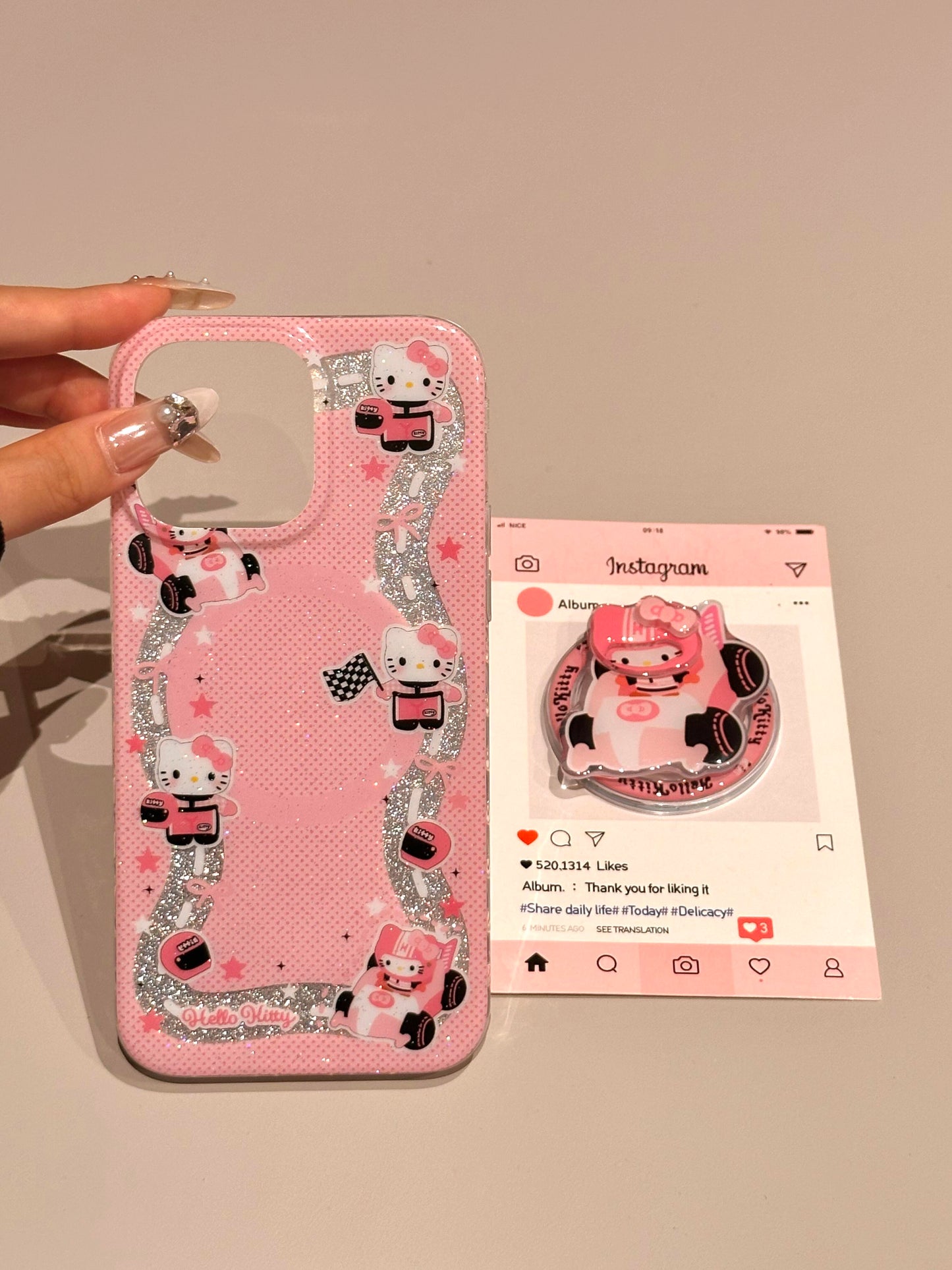 Hellokitty Pink Racing Glitter Cute Kawaii MagSafe Case + MagSafe Stand Holder / Phone Grip #0539