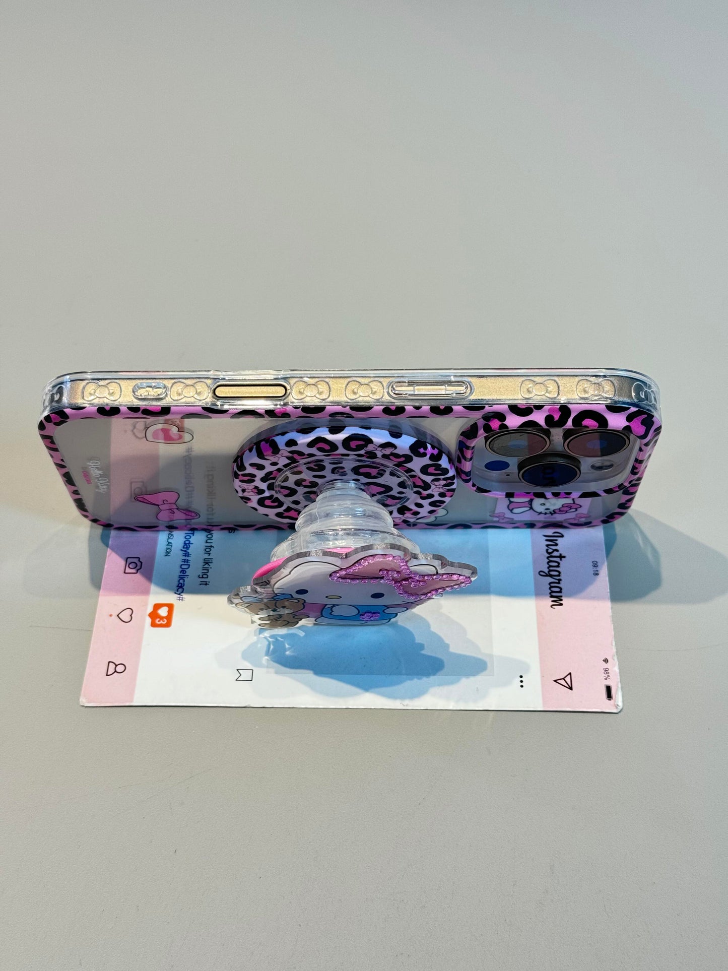Hellokitty Pink Leopard Print Clear Cute Kawaii MagSafe Case + MagSafe Stand Holder / Phone Grip #0540